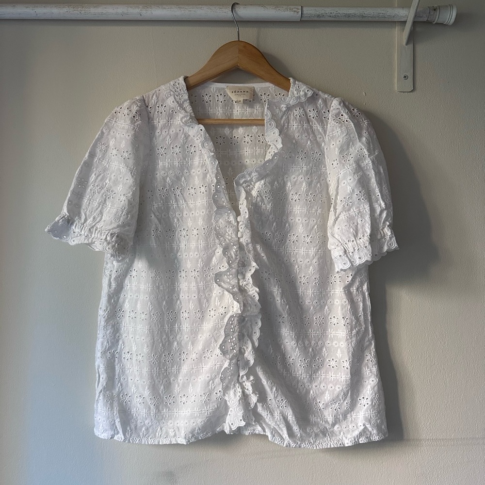 Sezane White Short Sleeve Eyelet Blouse Size 38